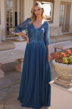 Lang blå selskabskjole med ærmer MF100