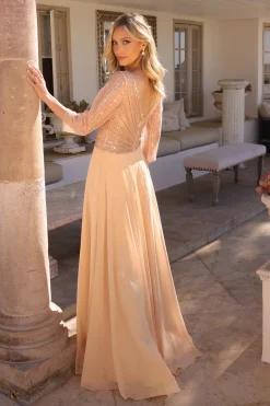 Lang festkjole i guld med ærmer MF101