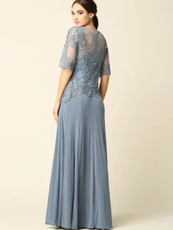 Lang festkjole med korte ærmer 5222