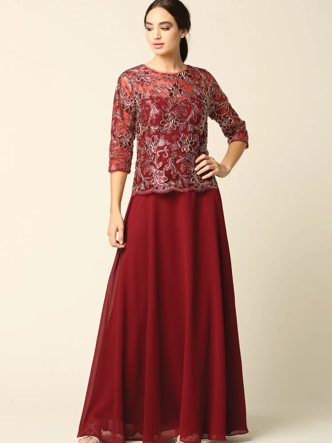 Lang festkjole med ærmer 3377