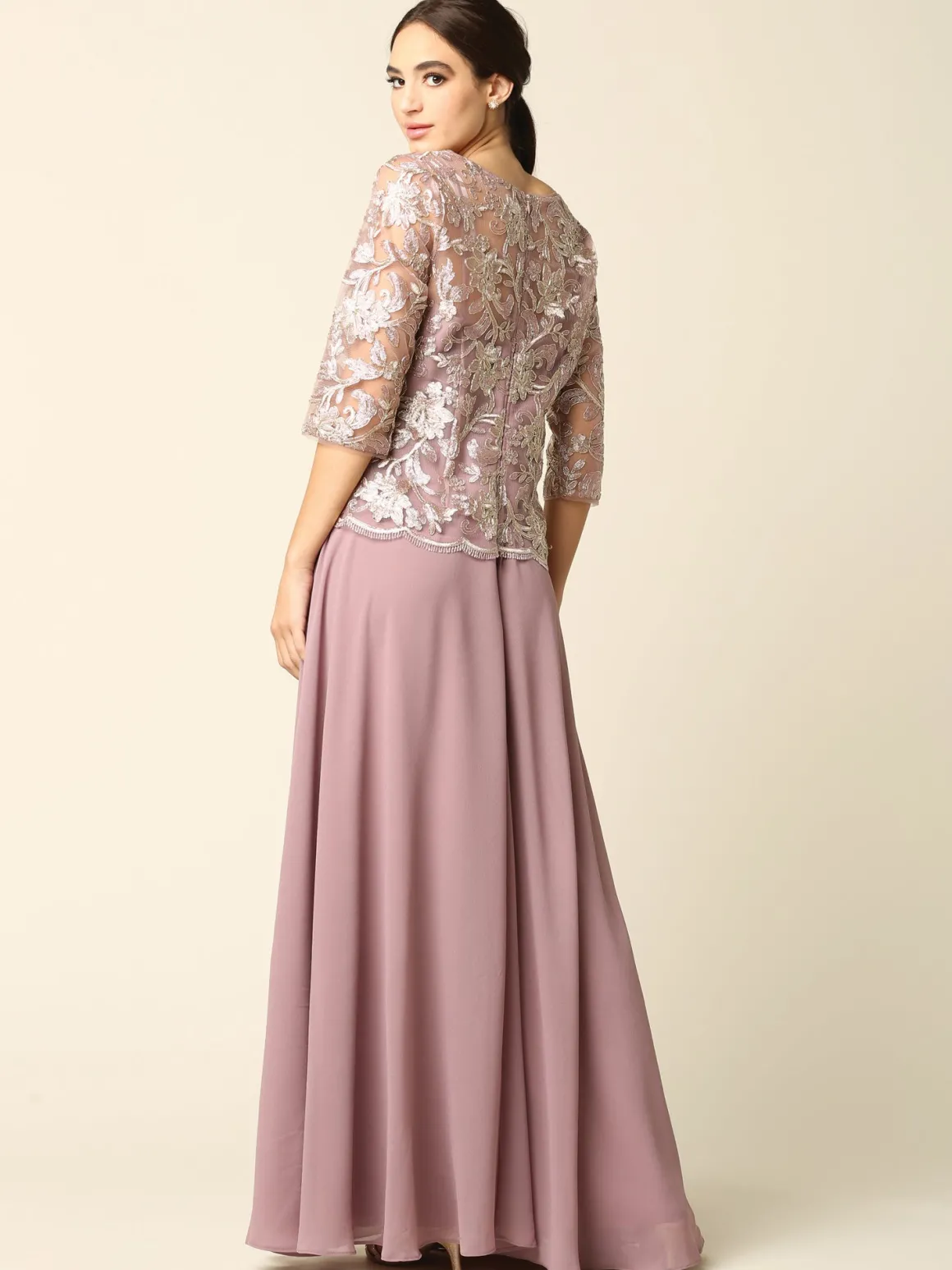 Lang festkjole med ærmer 3377