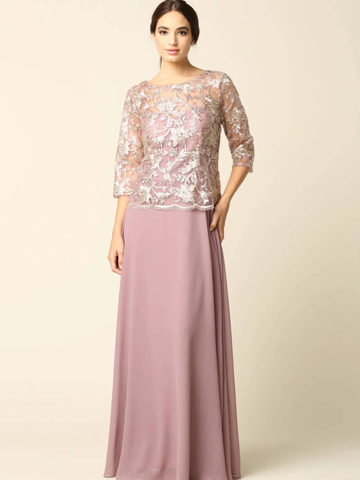 Lang festkjole med ærmer 3377