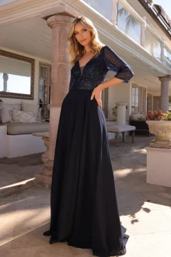 Lang navy festkjole med ærmer MF101