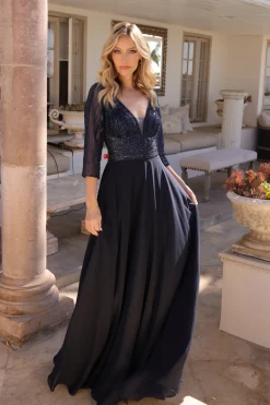 Lang navy festkjole med ærmer MF101