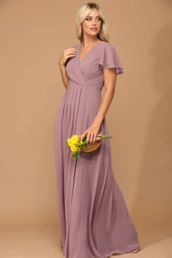 Mauvefarvet festkjole med kort ærme 3413