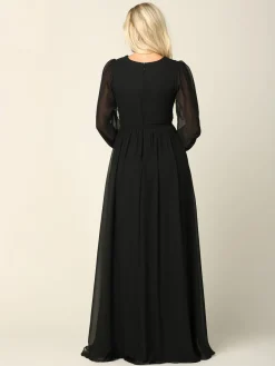 Sort lang festkjole med ballonærmer