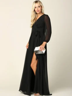 Sort lang festkjole med ballonærmer