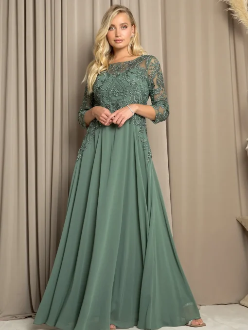 Selskabskjole med 3/4 ærmer og blondedetaljer